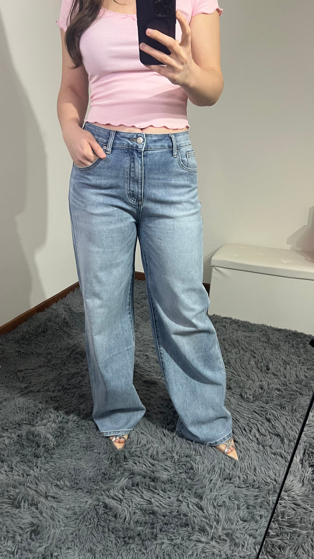 Jeans tasca strass maculato rosa
