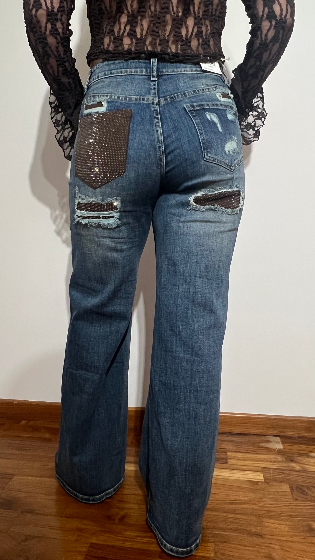 Jeans tasca strass marrone