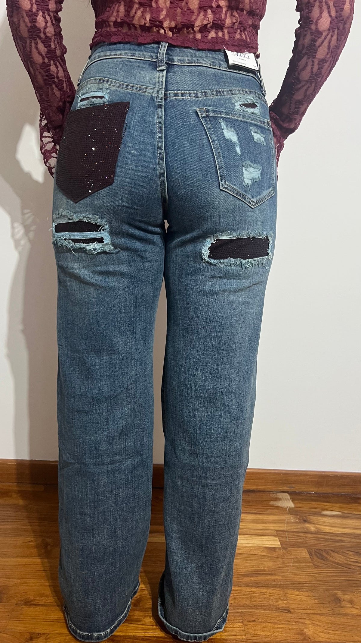Jeans tasca strass bordeaux scuro
