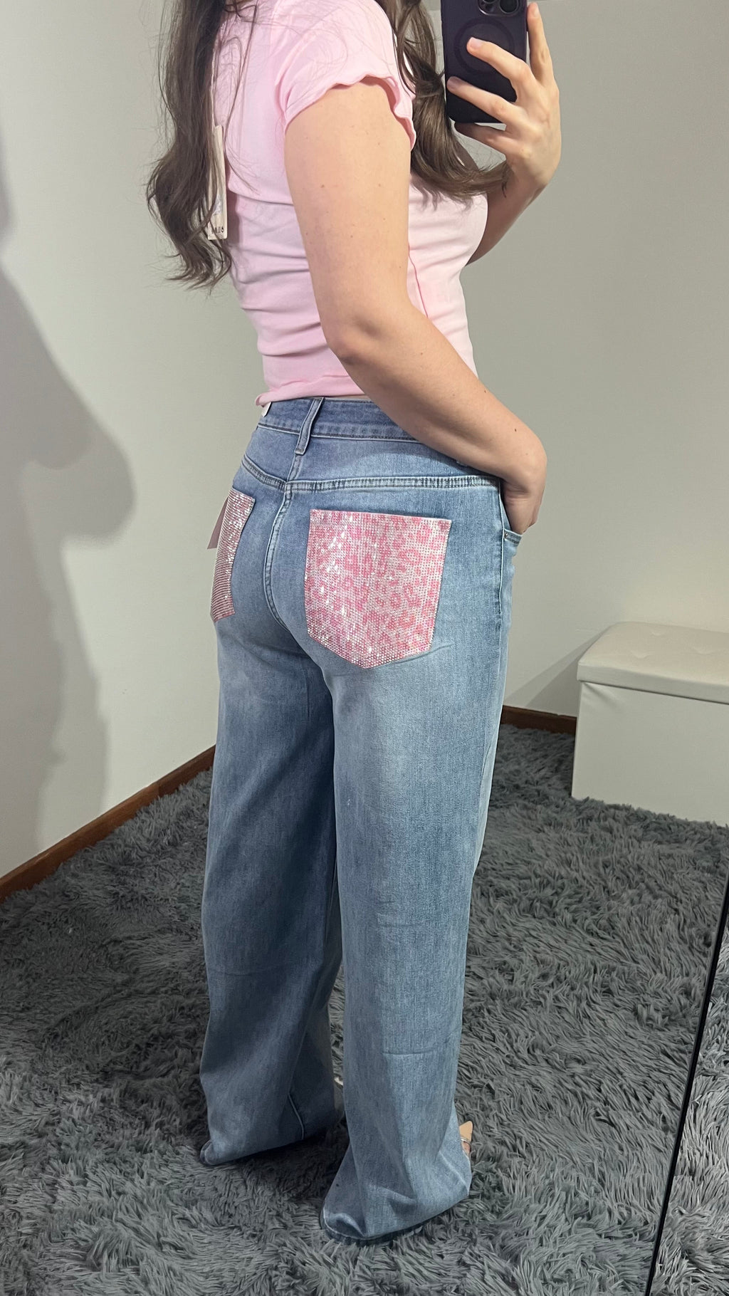 Jeans tasca strass maculato rosa