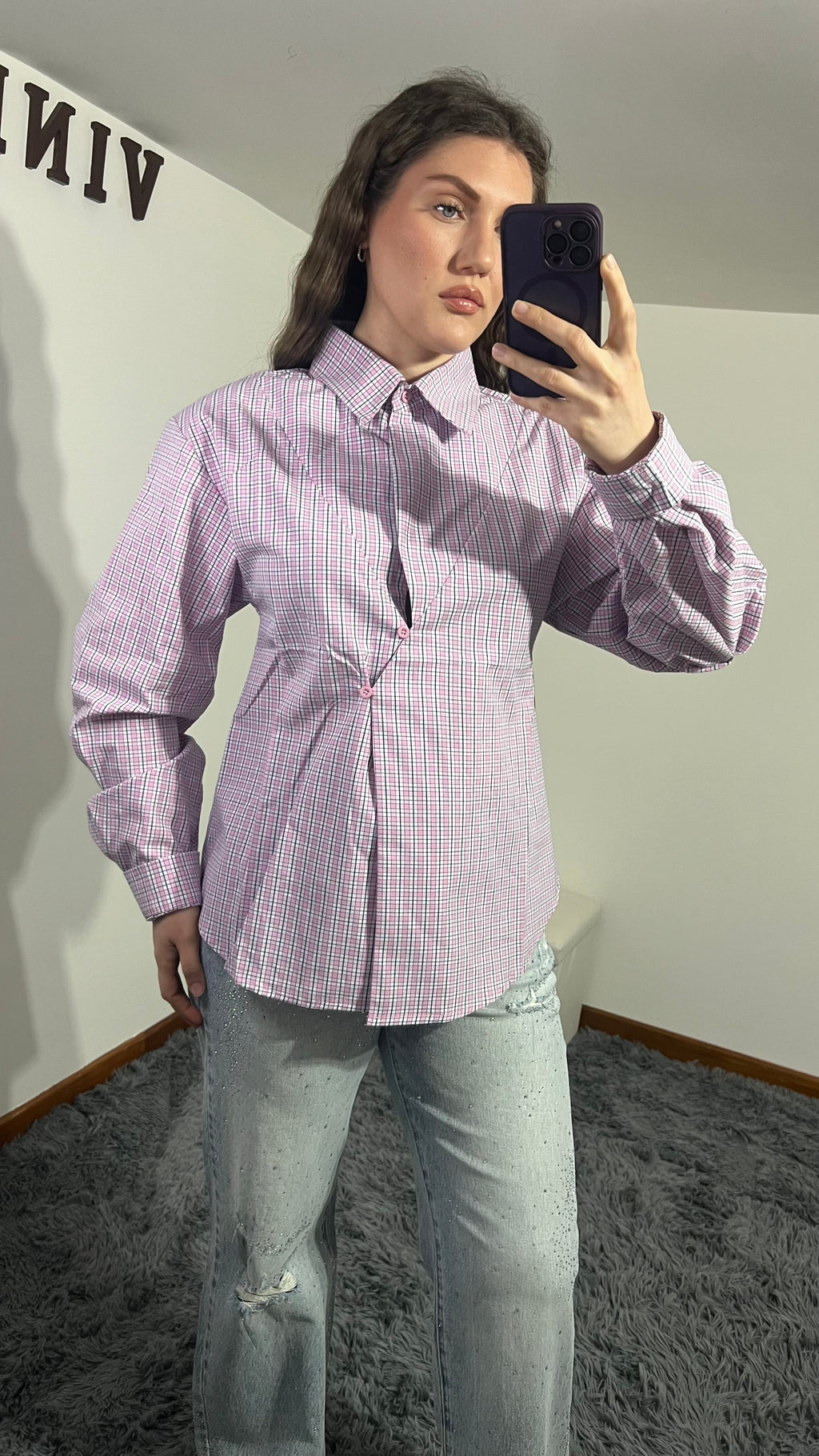 Camicia a Quadri Chiusura Asimmetrica Rosa e Blu con Spalline