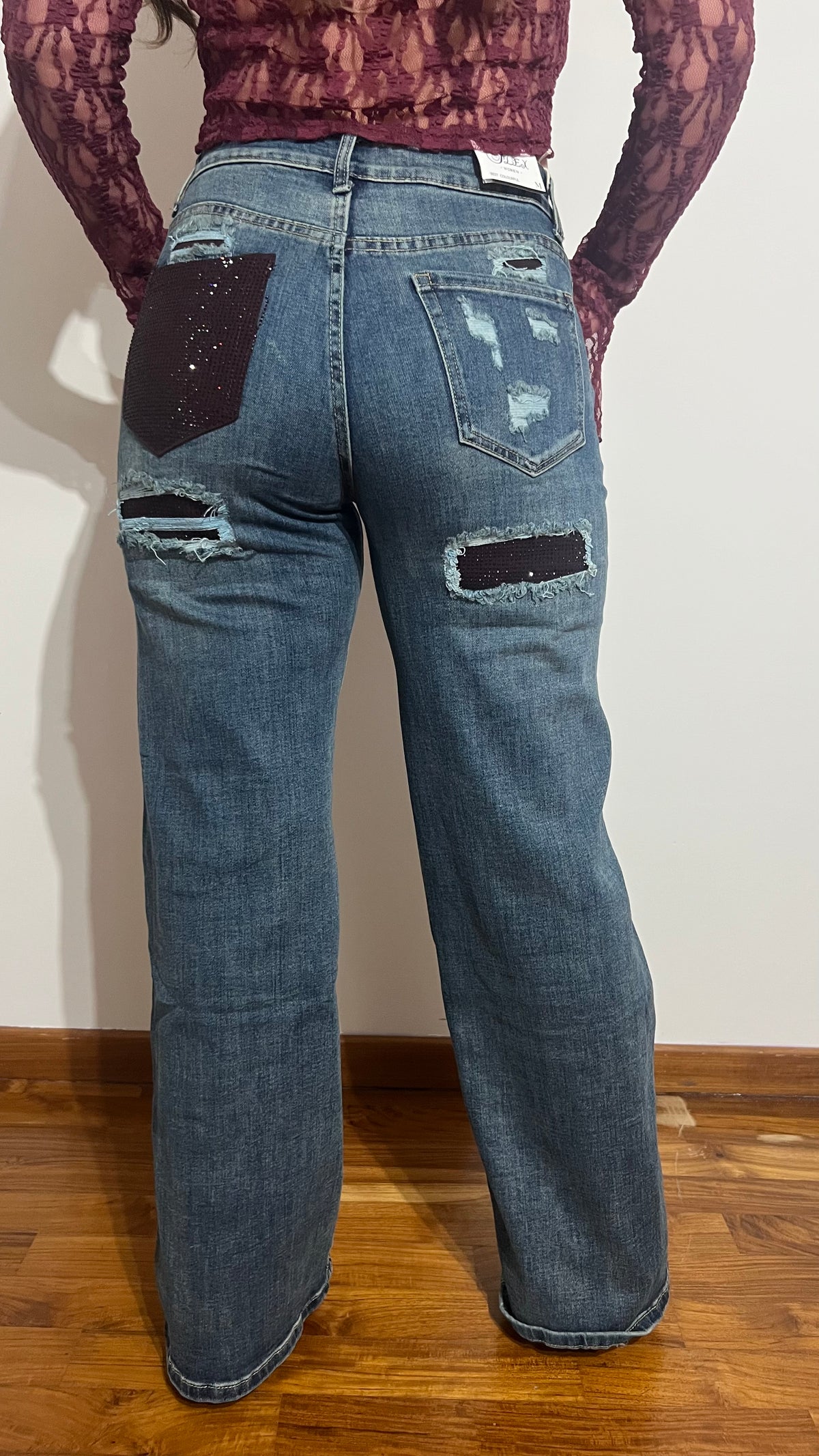 Jeans tasca strass bordeaux scuro