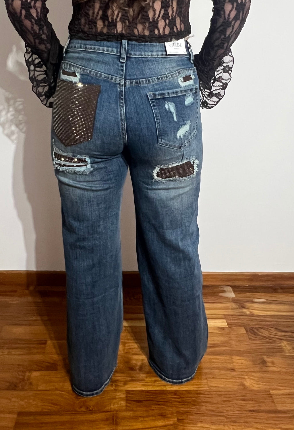 Jeans tasca strass marrone