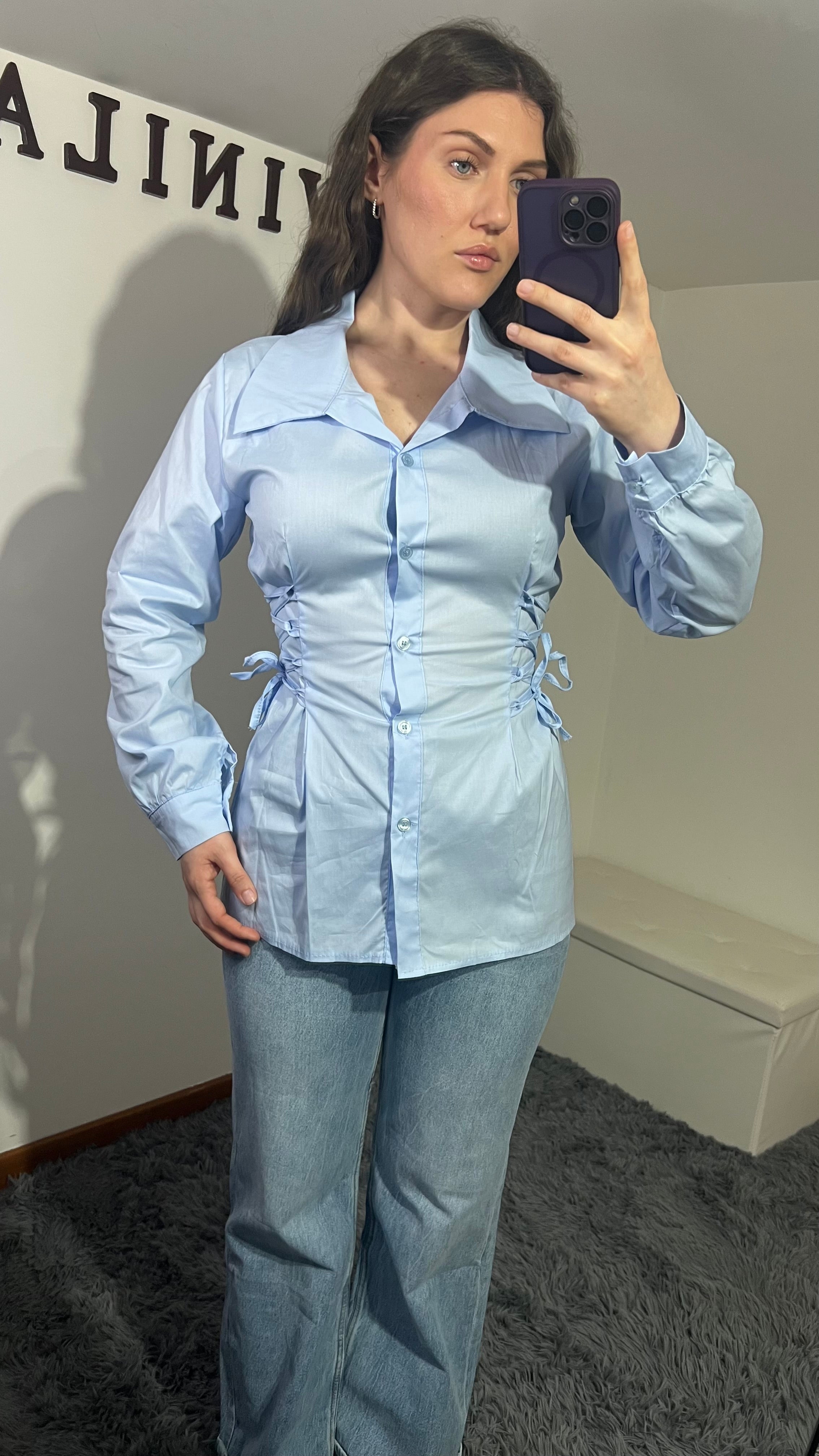 Camicia effetto bustino azzurro e rosa
