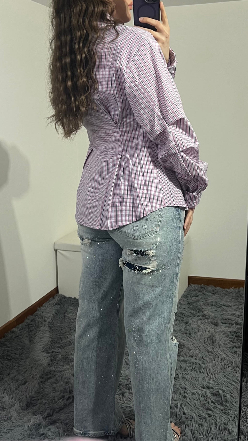 Camicia a Quadri Chiusura Asimmetrica Rosa e Blu con Spalline