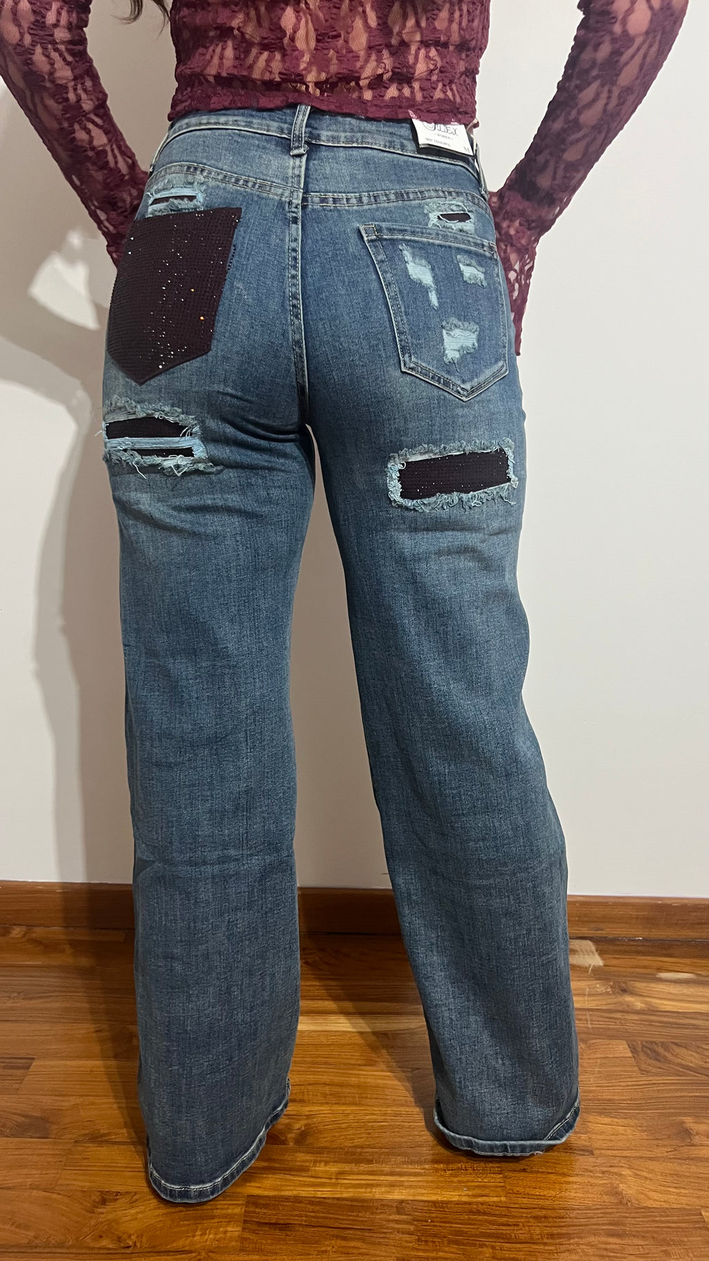 Jeans tasca strass bordeaux scuro