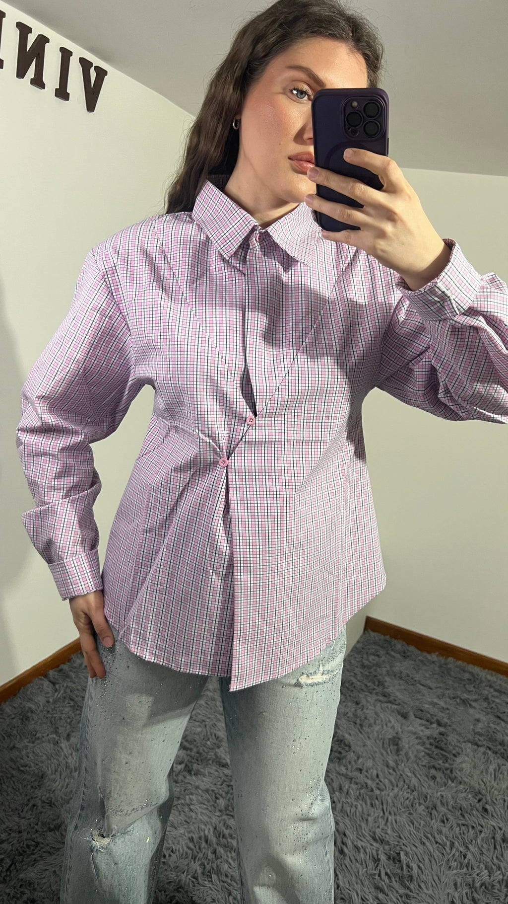 Camicia a Quadri Chiusura Asimmetrica Rosa e Blu con Spalline