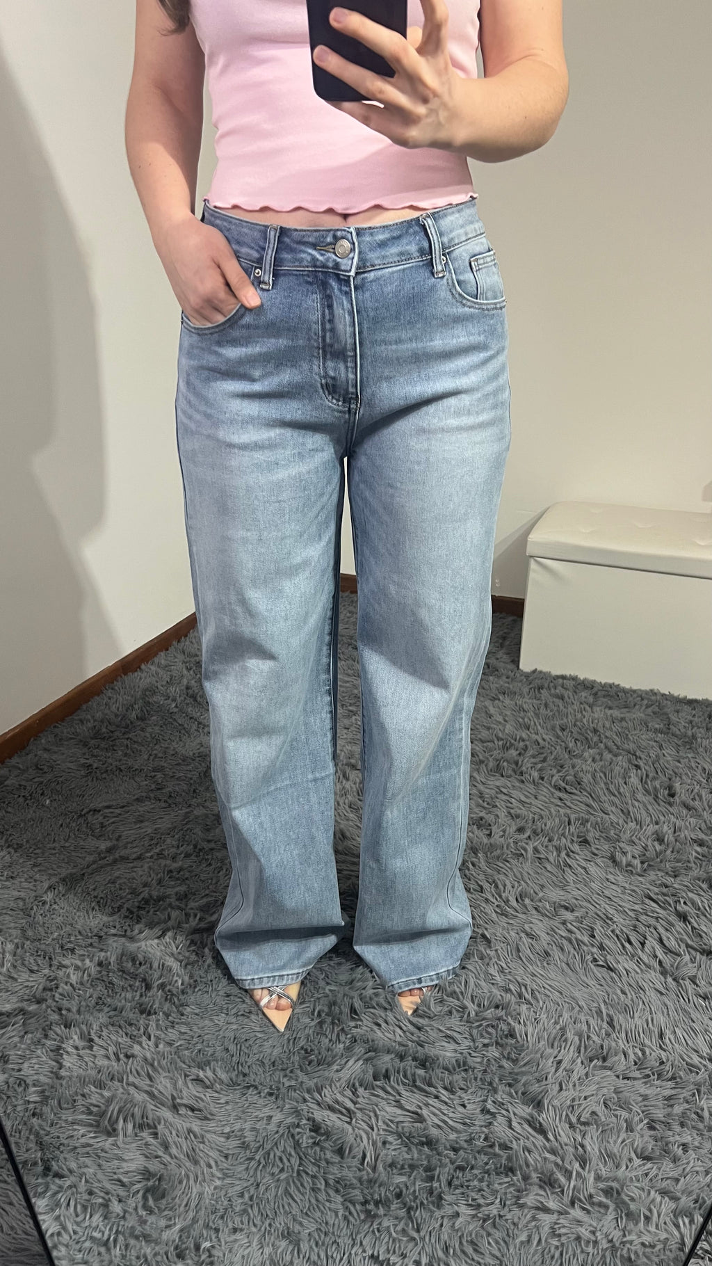 Jeans tasca strass maculato rosa