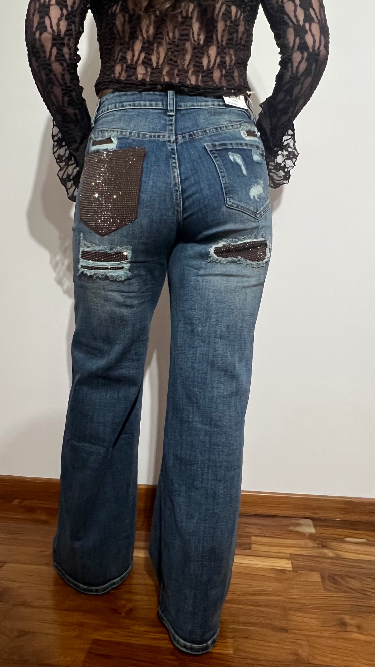Jeans tasca strass marrone
