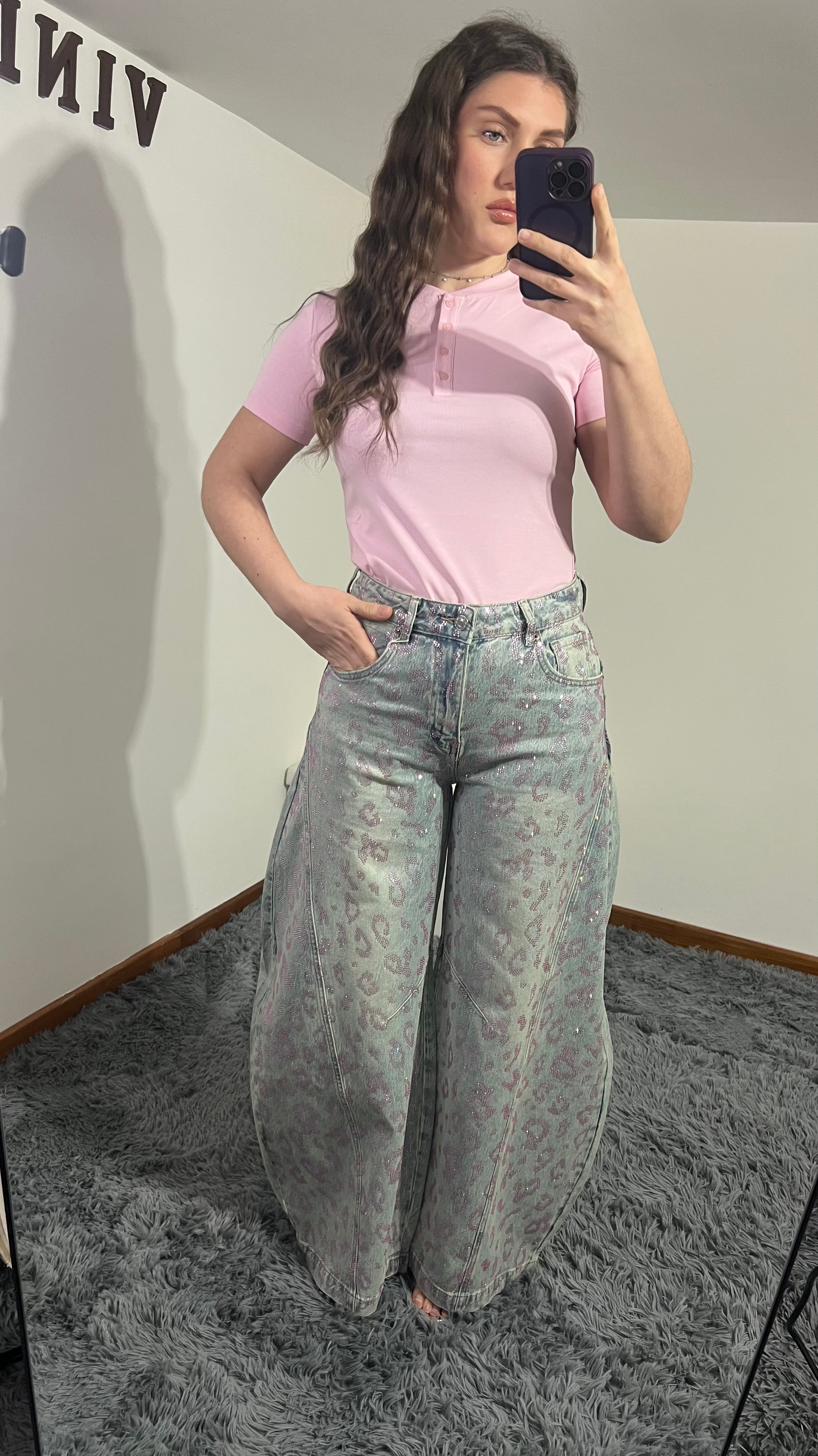 Jeans Wide Balloon Animalier Pink