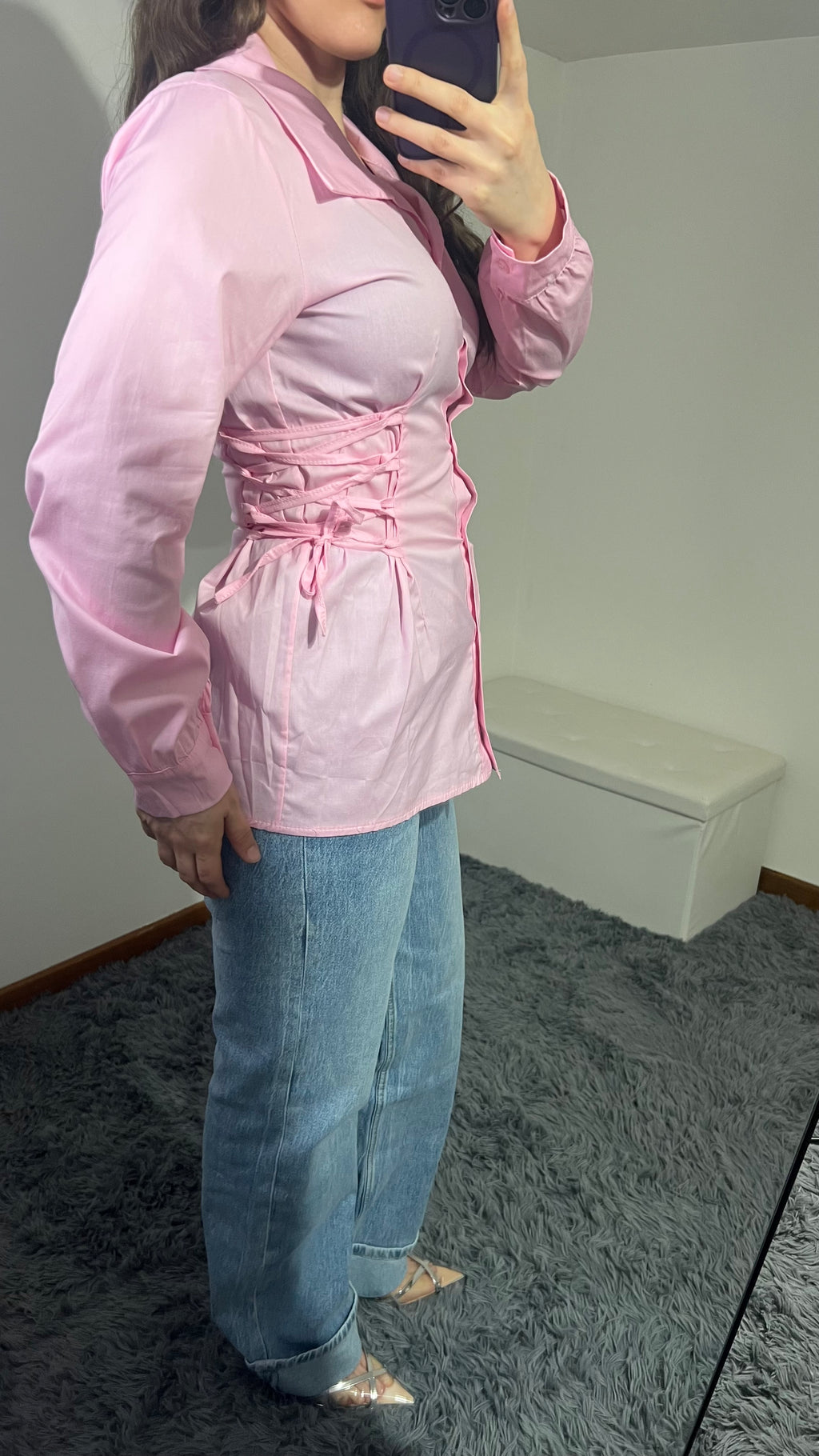 Camicia effetto bustino azzurro e rosa