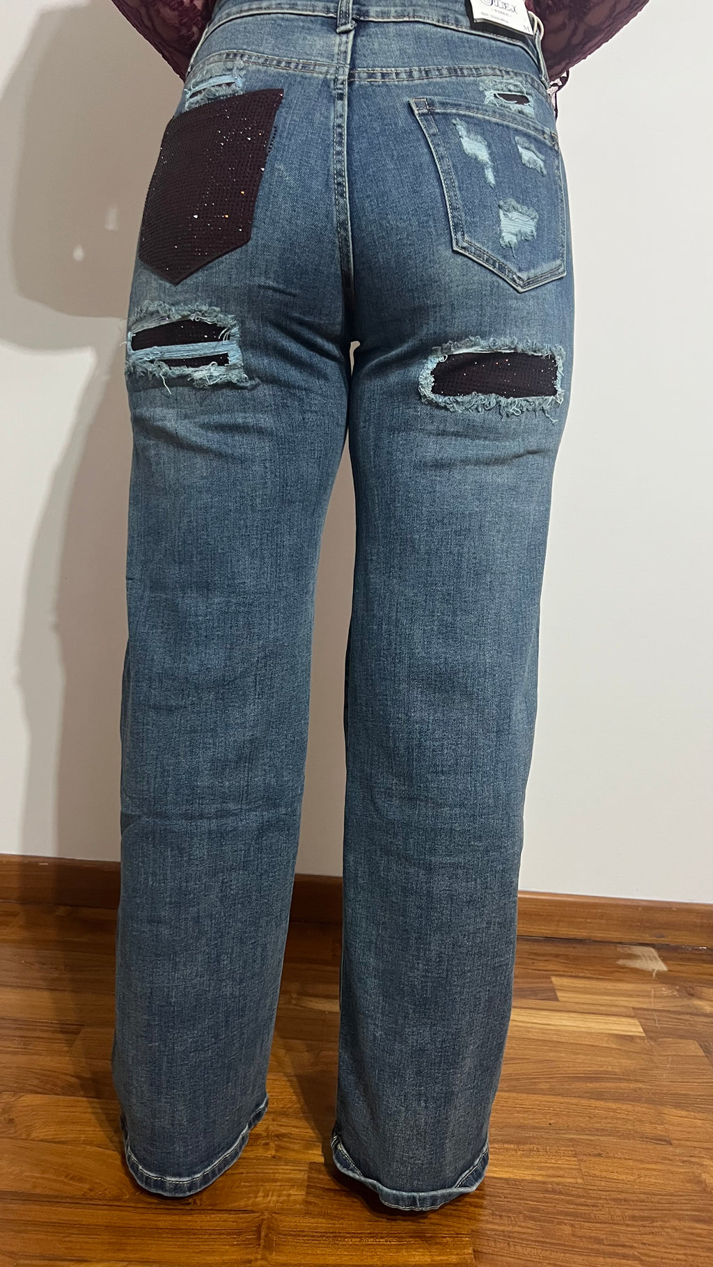 Jeans tasca strass bordeaux scuro