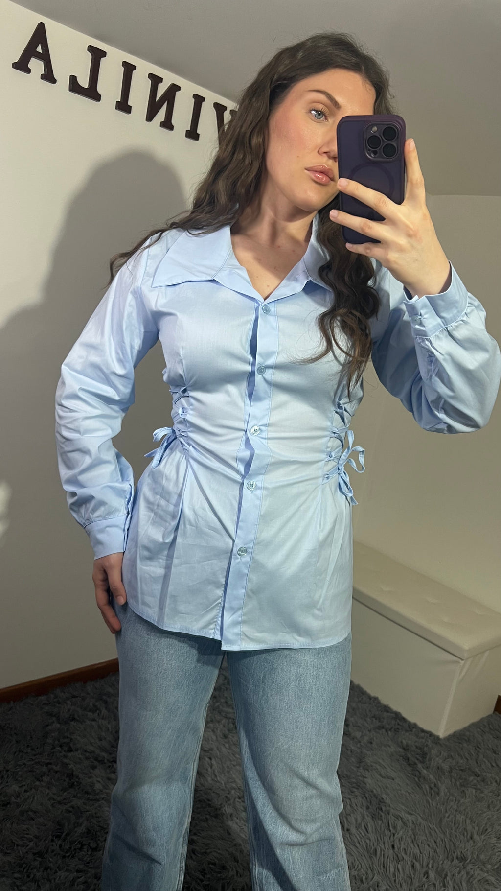 Camicia effetto bustino azzurro e rosa