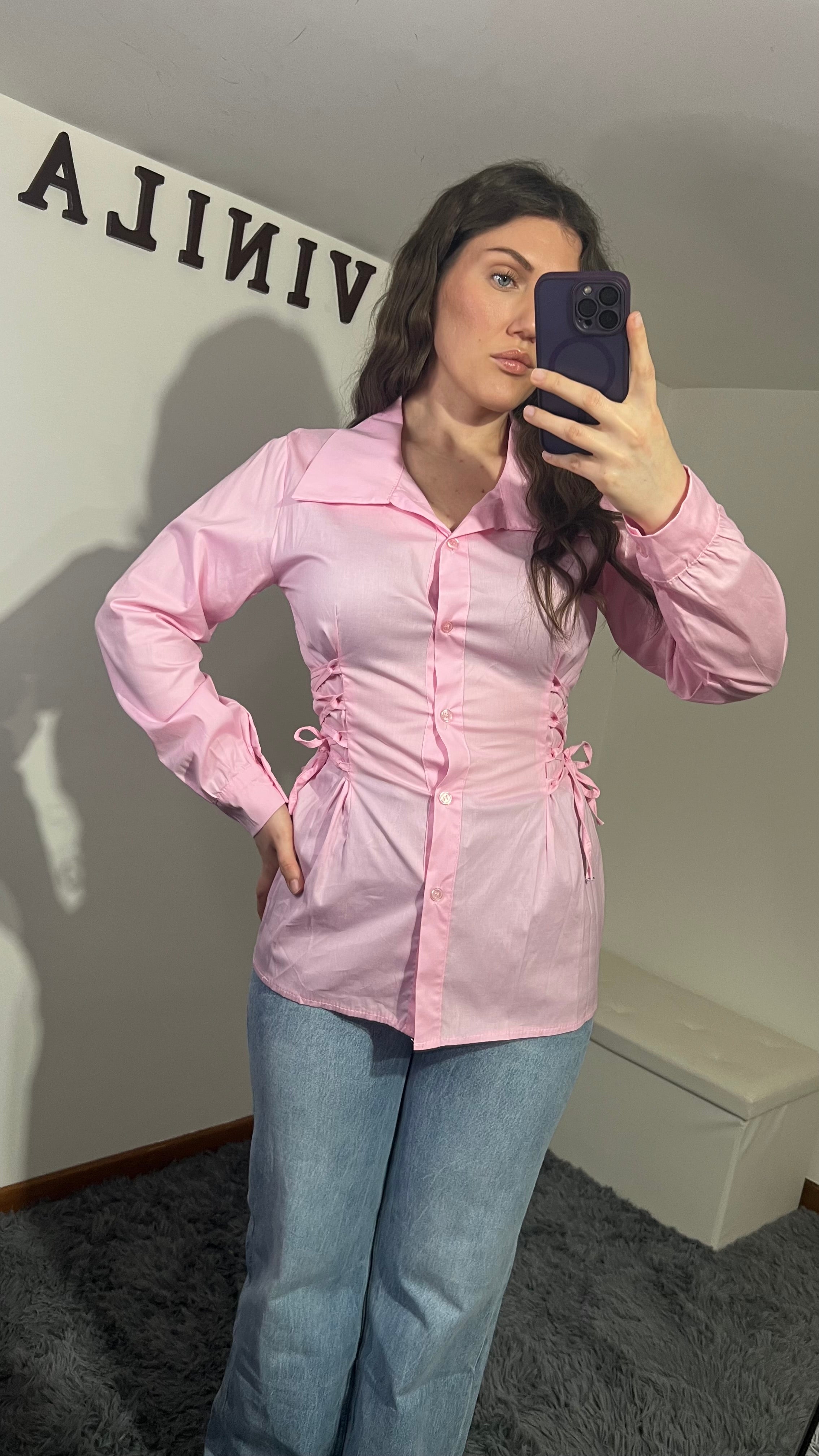 Camicia effetto bustino azzurro e rosa