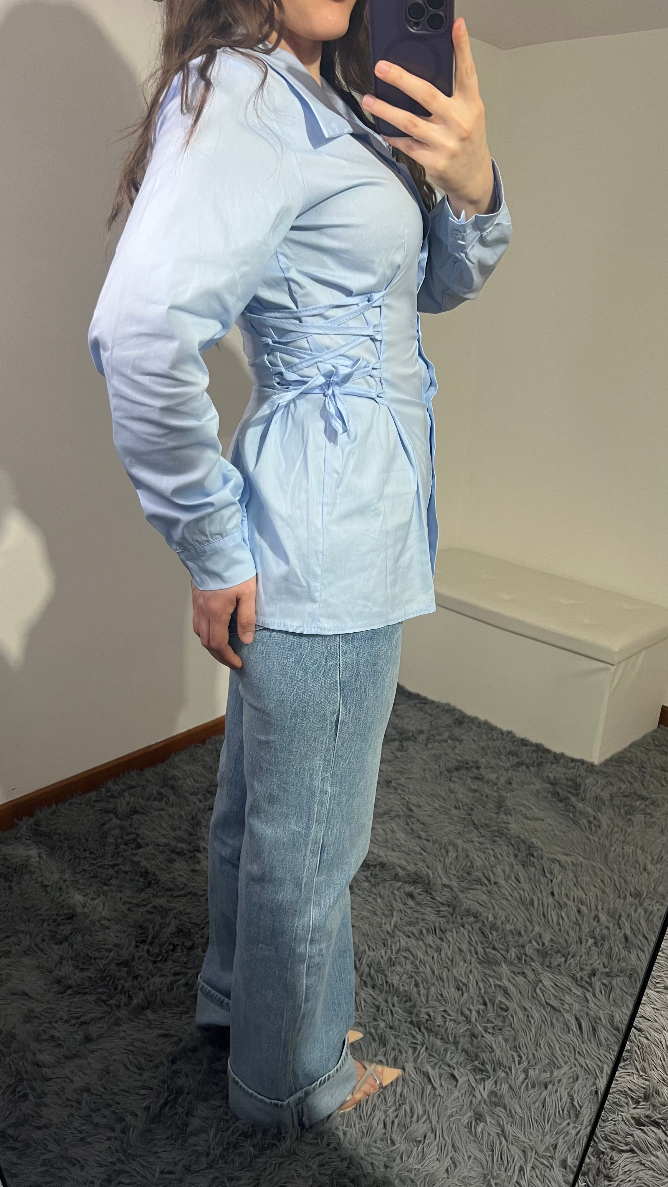 Camicia effetto bustino azzurro e rosa