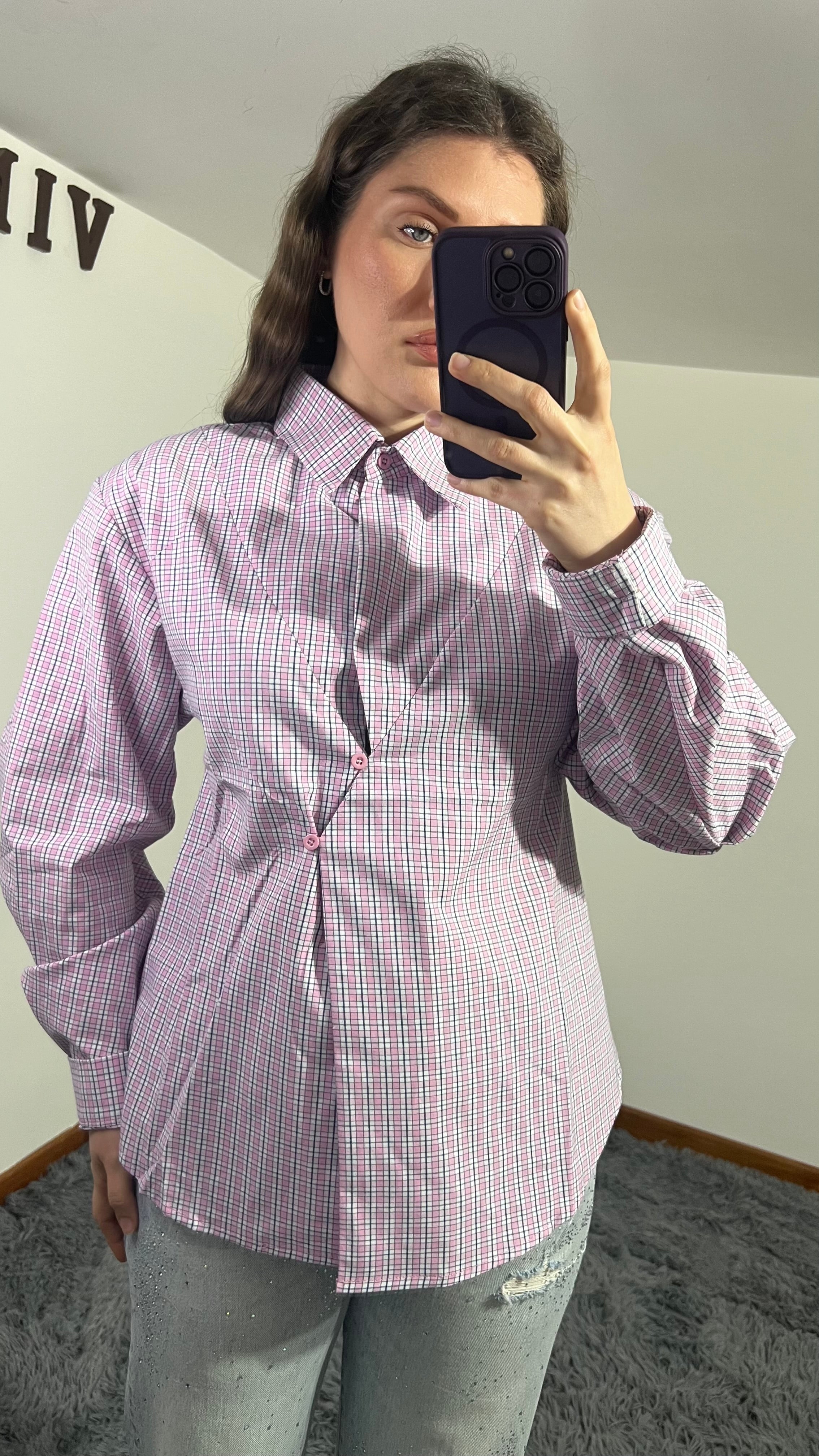 Camicia a Quadri Chiusura Asimmetrica Rosa e Blu con Spalline