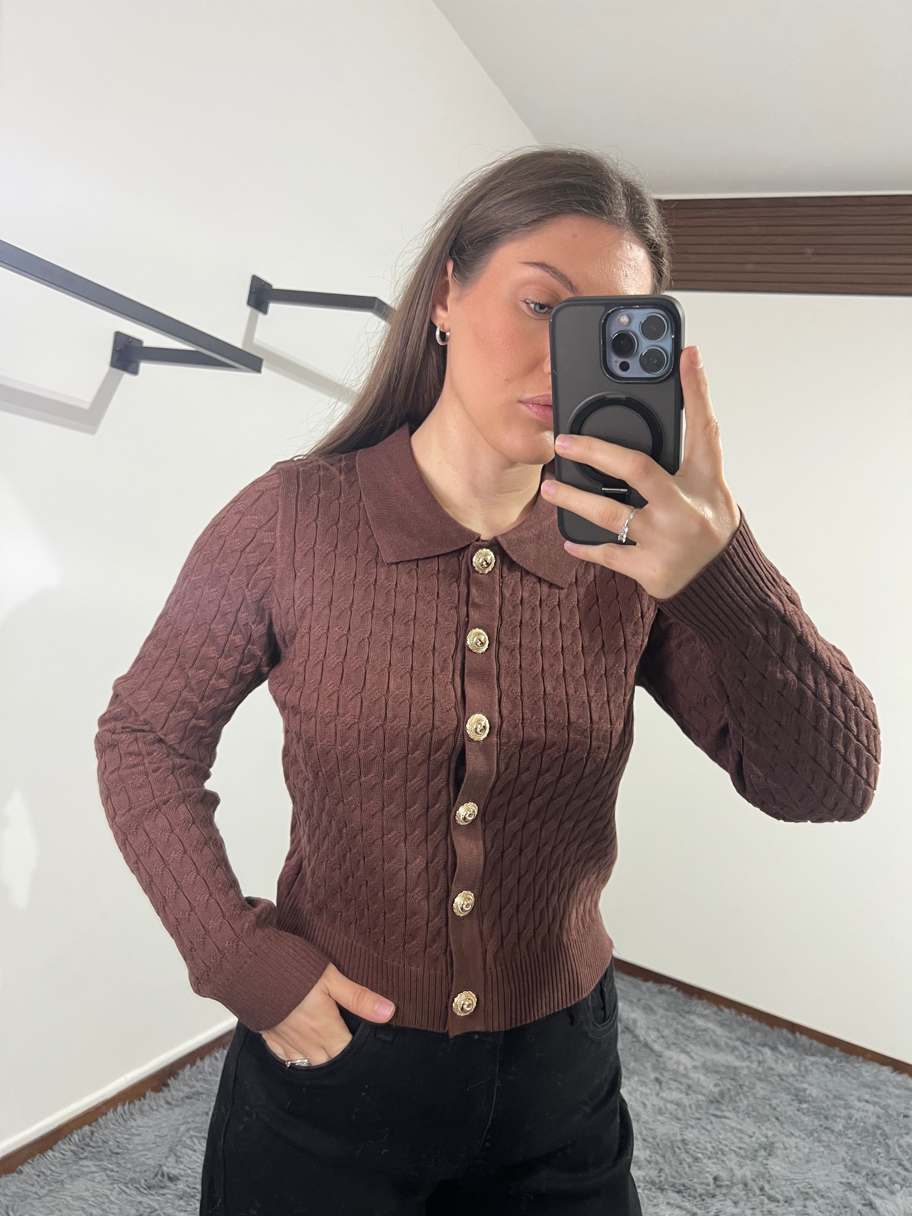 Cardigan con colletto marrone