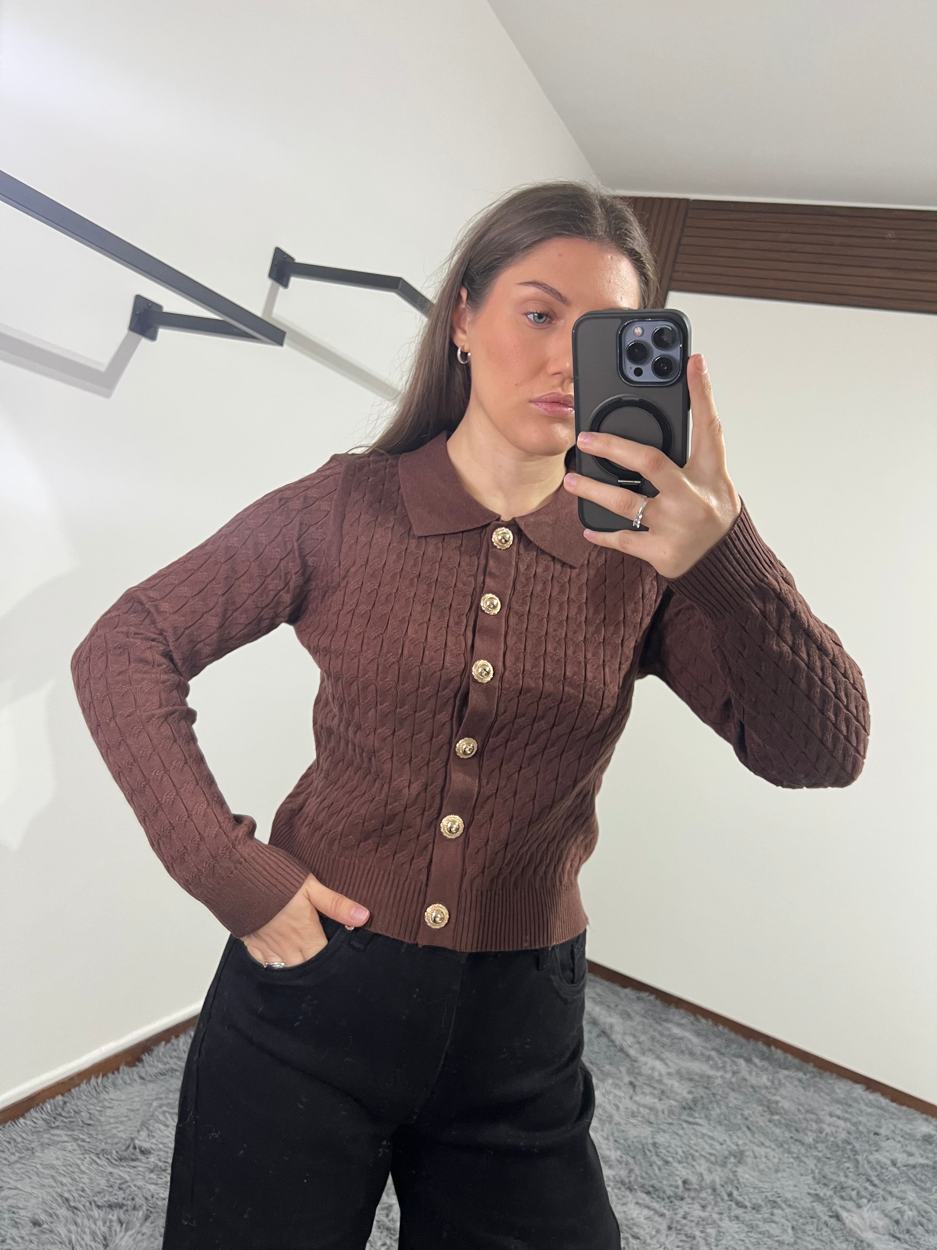 Cardigan con colletto marrone